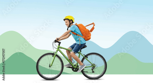 A Youngster Rides Bicycle With Backpack In Front Of Mountain Background