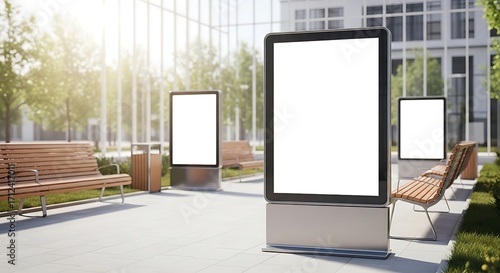 Blank advertising billboards stand in a modern urban park on a sunny day, offering a space for promotional messages and attracting attention from passersby.