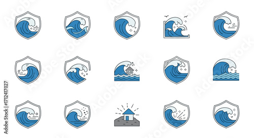 Waves inside shields representing protection and safety from natural disasters.