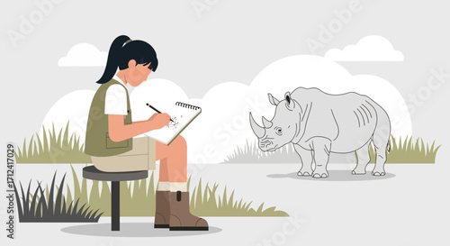 A Young Woman Sketching A Rhino During Her Field Trip In A Beautiful Environment Setting