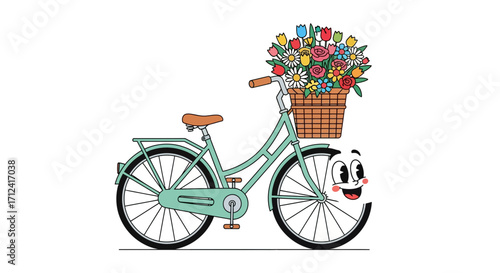 Whimsical Mint Green Bicycle with a Cheerful Basket Full of Colorful Flowers, Cartoon Style