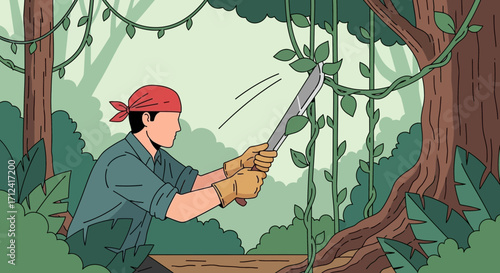 A Man Slashes Through Jungle Growth With Machete Against A Green Background