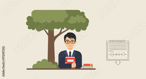 Academic Underneath a Tree Contemplating a Presentation on a Neutral, Serene Background