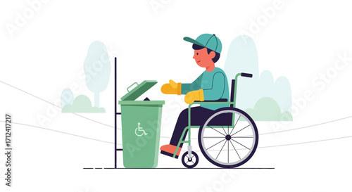 Accessibility Focused Illustration Of Wheelchair User Disposing Trash in Green Bin