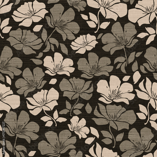 Seamless Stylized Blossoms on a Woven Canvas Texture Pattern

