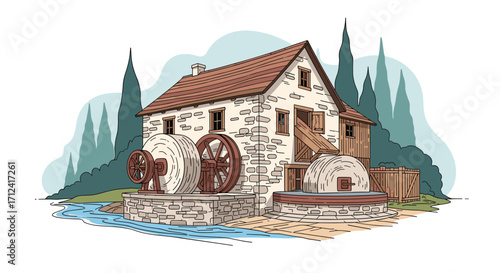 Historic stone mill with water wheels powered by a stream in a forest setting.