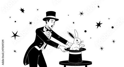 A Mesmerizing Magician's Grand Illusion Featuring A Charming Rabbit and A Top Hat