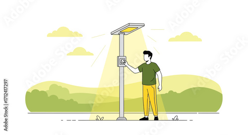 Activating Smart Lighting: Illustration of A Person Using Renewable Energy Source Outdoor