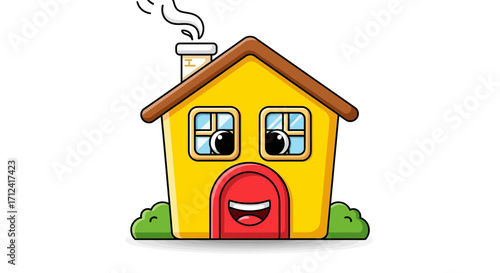 Cartoon of a cheerful yellow house with a red door and two windows, surrounded by green bushes
