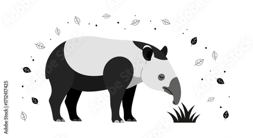 A Monochromatic Tapir Eating Grass With Falling Leaves, a Simple Illustration