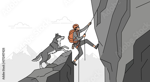 A Mountaineer Ascends a Rock Face While Followed by A Loyal Canine Companion