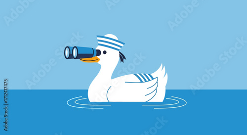 Adorable Animated Duckling Observing With Binoculars On A Calm Ocean View
