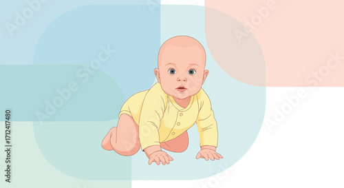 Adorable Baby Exploring, Crawling On Colorful Background, Showing Joyful Curiosity