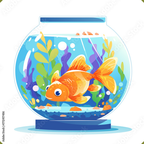 Vector illustration of goldfishes in round aquarium with plants and bubbles, isolated on a white background
