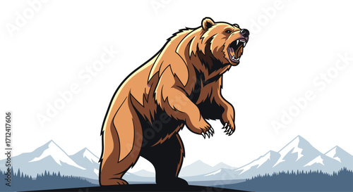 A pixel art grizzly bear roars standing tall in a snowy mountain landscape.