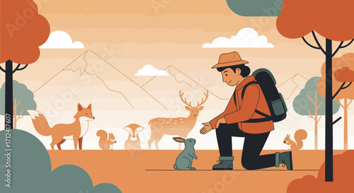 A Peaceful Interaction: Hiker Offers Kindness to Animals in Nature's Embrace Scene