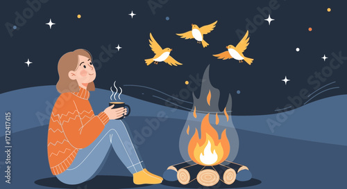 A Peaceful Evening By A Fire, With Birds, Stars, And A Hot Drink