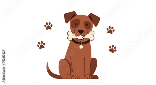 Adorable Cartoon Dog Holds Bone with Paw Prints and Decorative Elements on White