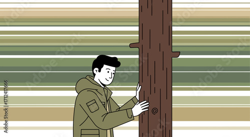A Person Admiring Tree Trunk with Simple Illustration and Horizontal Stripes