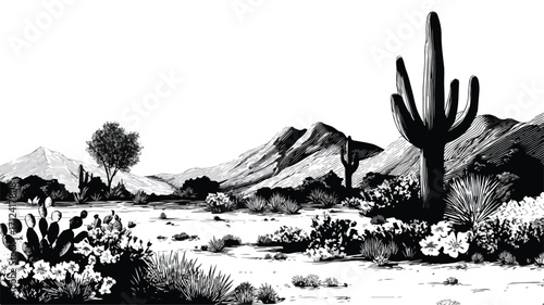 Arid Desert Landscape Silhouette with Cactus and Bushes for Adobe Stock Photos