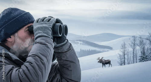 A Person Gazes Through Binoculars At A Peaceful Moose In Snowy, Winter Hills