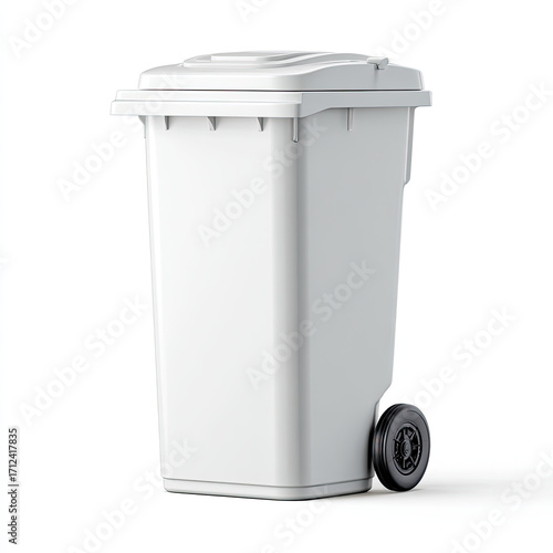 White plastic trash bin with wheels and lid for waste disposal