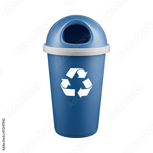 Blue recycling bin with white lid and recycling symbol