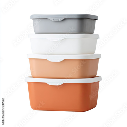 Stacked plastic food storage containers in neutral colors with lids