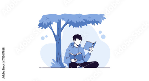 A Person Is Reading Books Under The Tree, Enjoying Moment of Relaxation
