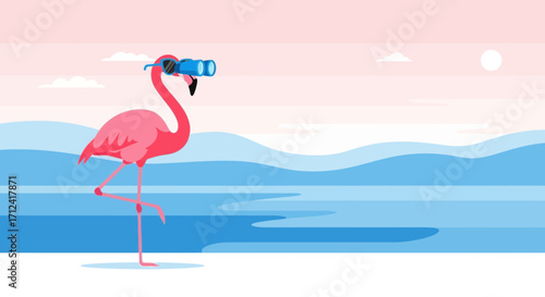 Adorable Flamingo Observing Through Binoculars by The Seaside During The Evening Hour