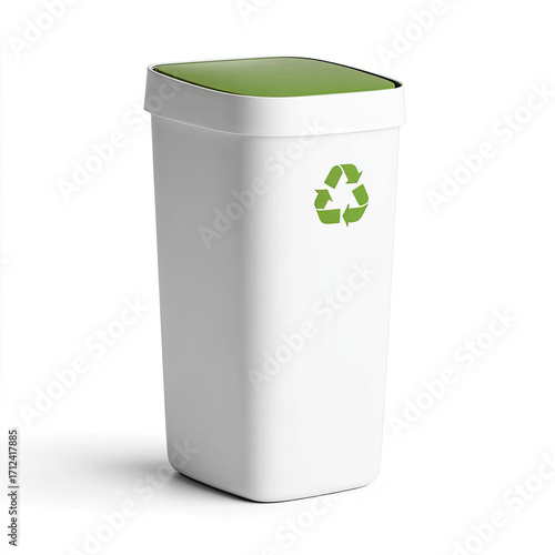 Recycling bin with green lid and eco symbol on white background