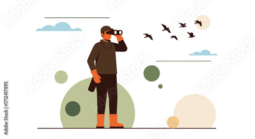 A Person Observes A Flock Of Birds With Binoculars Against An Abstract Scene