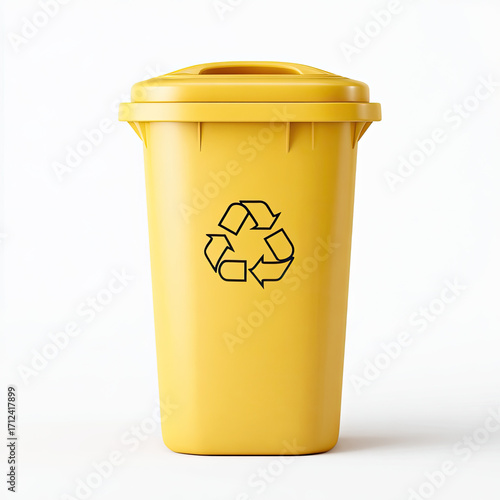 Yellow recycling bin with lid on white background