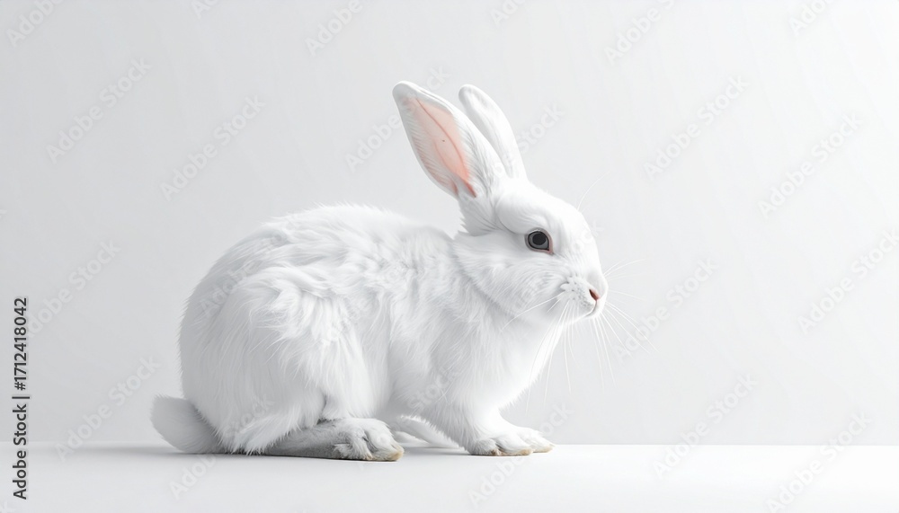 Obraz premium A white rabbit sits calmly on a smooth surface—its fluffy fur, upright ears, and soft gaze evoke purity, gentle presence, and the rhythm of minimalist serenity against a clean white backdrop.