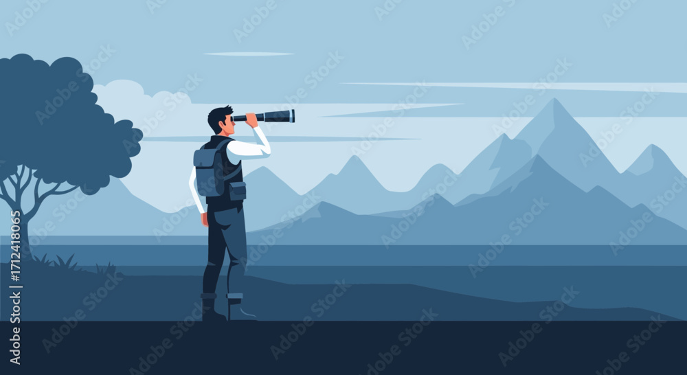 Obraz premium A Adventurous Explorer Gazing Beyond Mountains Using A Telescope For Guidance