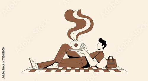 A Person Reclining On A Picnic Blanket Enjoys Coffee With A Delightful Vaporous Emission