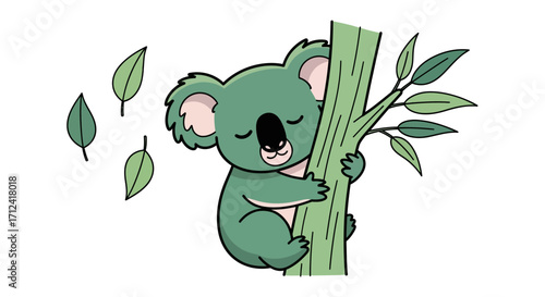 Adorable Koala Bear Clinging to a Tree Branch with Green Leaves and Charming Illustration