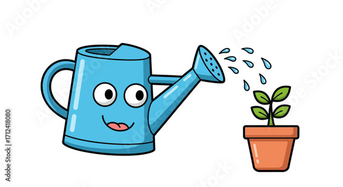 A cheerful blue cartoon watering can diligently nurtures a small potted plant, symbolizing care, growth, and the joy of cultivating new life and development