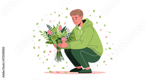 A Person Squatting and Holding a Freshly Gathered Bouquet of Beautiful Flowers