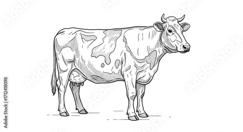 A detailed illustration of a speckled cow standing in a field.
