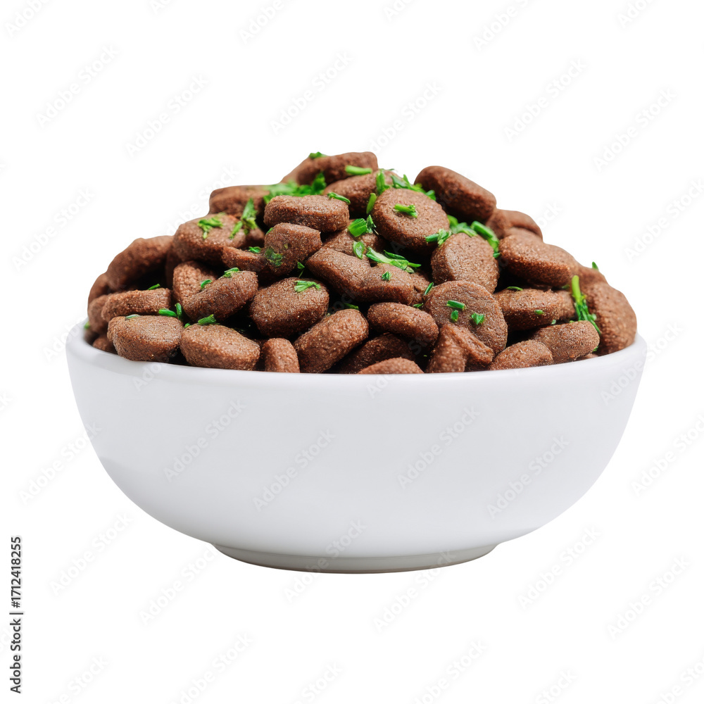 Fototapeta premium Close-Up of Delicious Brown Dog Food Kibble in White Bowl with Green Herb Garnish on Isolated Background