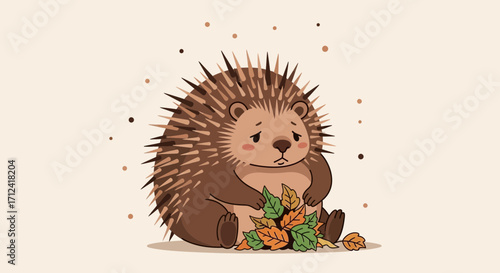 Adorable Sad Hedgehog Cartoon Holding Autumn Leaves In A Whimsical Scene