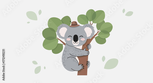 Adorable Smiling Koala Clinging to Tree Branch Wearing Hat, Perfect Cartoon Illustration