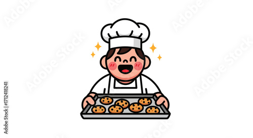 Happy Chef with Tray of Freshly Baked Cookies, Cartoon Illustration of Culinary Joy