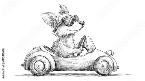 Playful Dog in Sunglasses Driving Toy Car Sketch Image