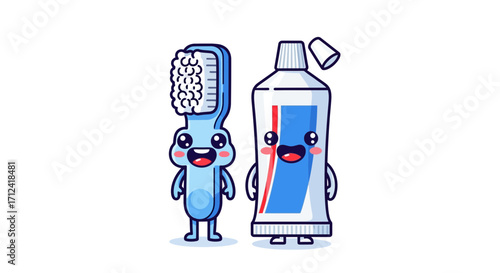 Cute cartoon toothbrush and toothpaste smiling happily, symbolizing excellent oral hygiene and fresh breath on a clean white background