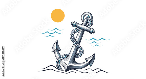 Nautical anchor with rope and sun over ocean waves illustration.