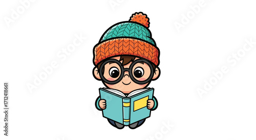Cute cartoon boy character wearing a cozy knitted hat and glasses, happily engaged in reading a book, symbolizing education, knowledge, and childhood learning