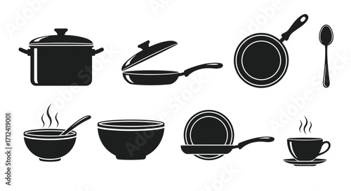 Various kitchen cooking utensils and dishes are shown.