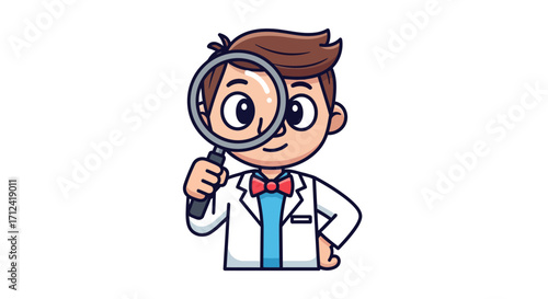 Cartoon Scientist Examining with Magnifying Glass A Scientific Investigation Illustration